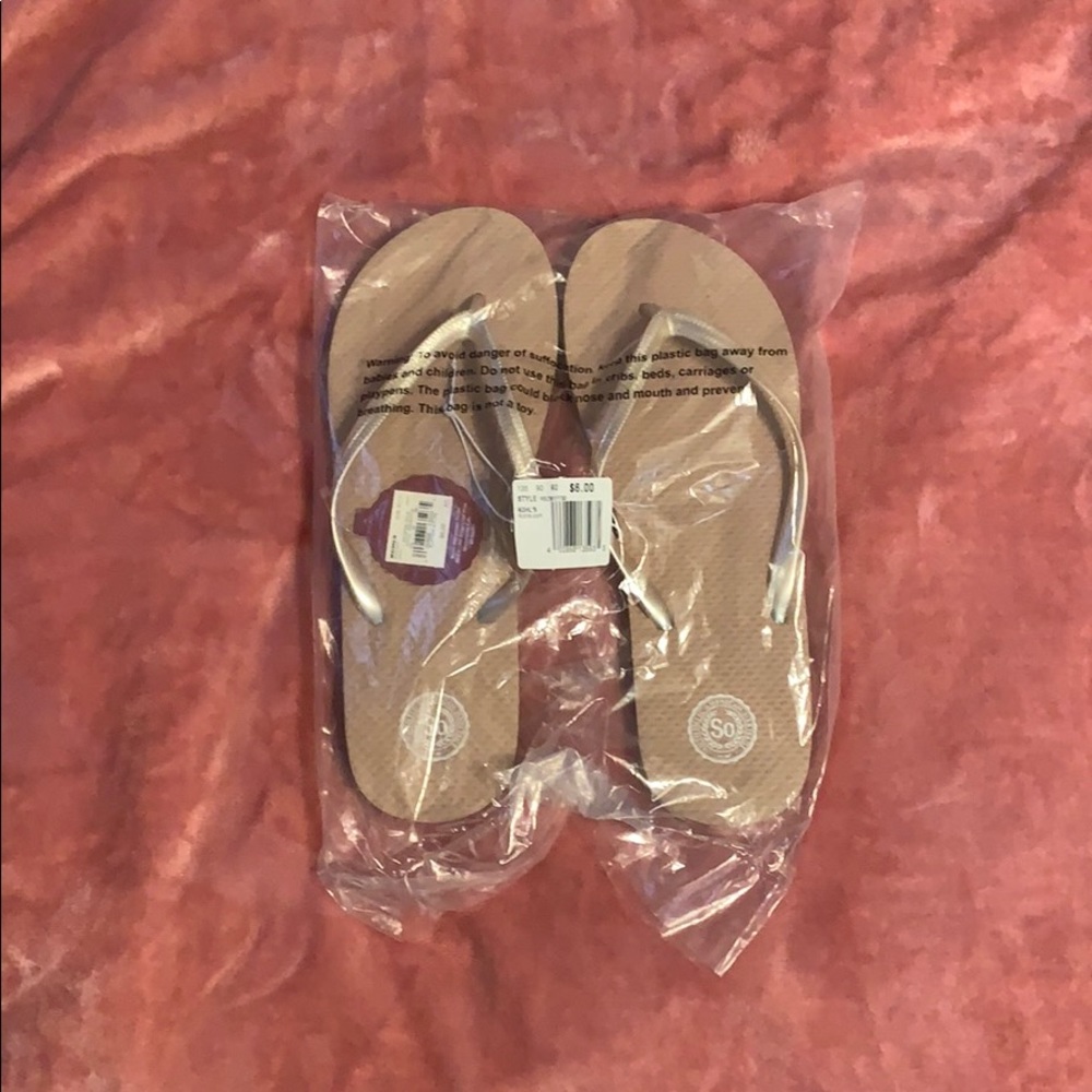 SO rose gold flip flops